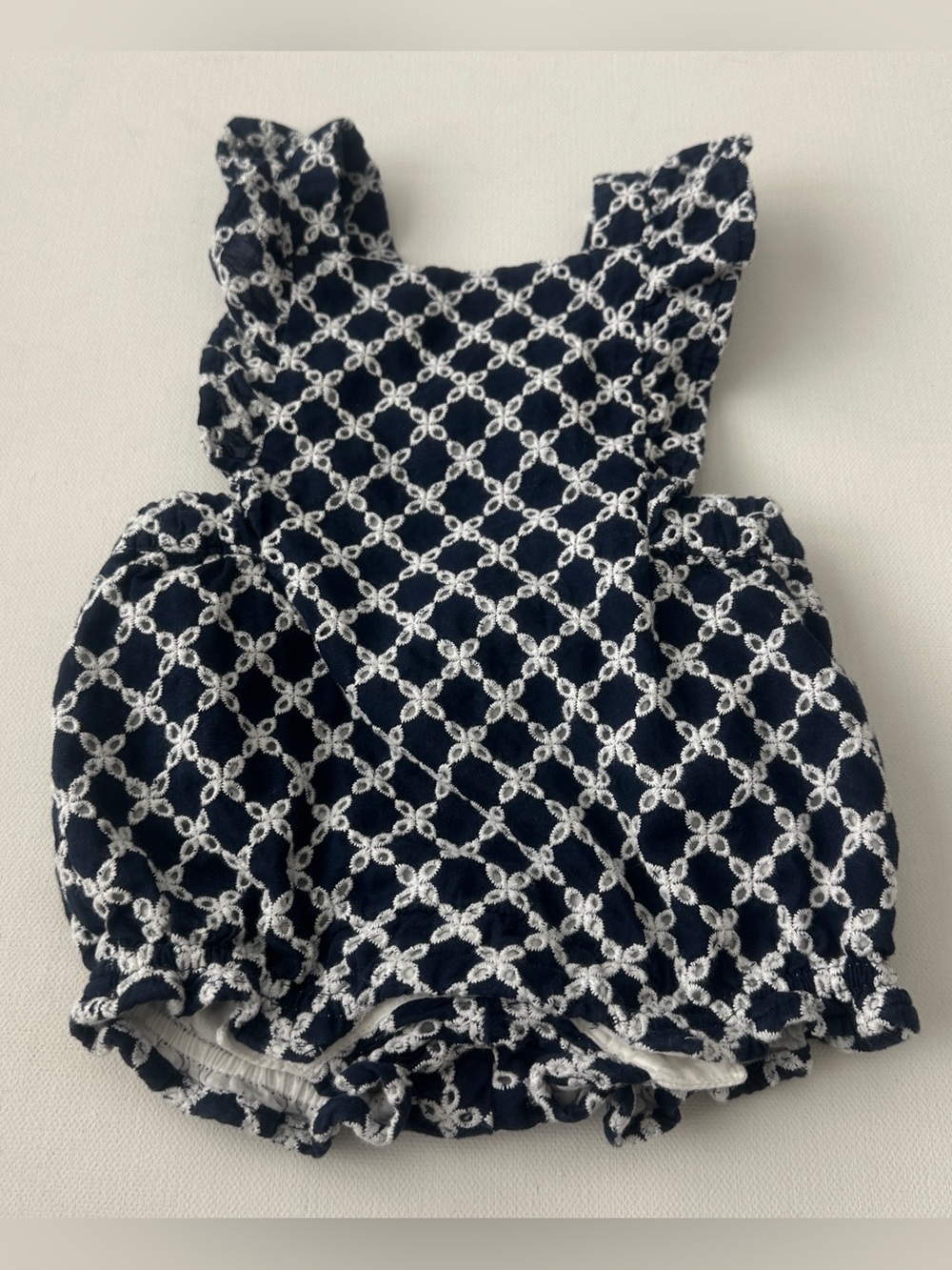 Janie and Jack girl’s  Embroidered Cross-Back Bubble One-Piece.  Size 0-3M.